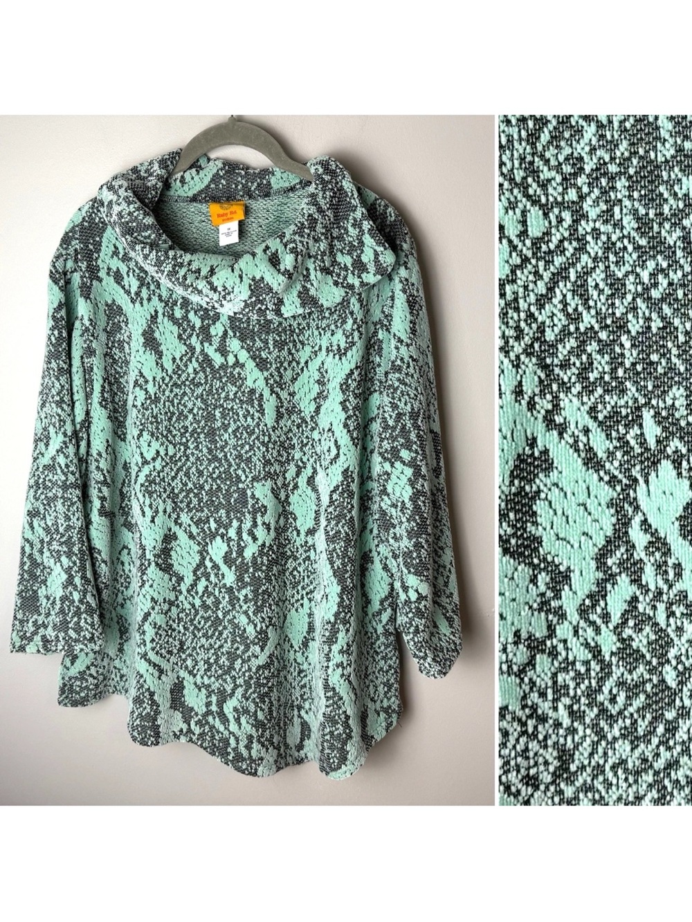 Ruby Rd. Cowl Neck Textured Knit Top Plus Size 1X Mint Green Black 3/4 Sleeves